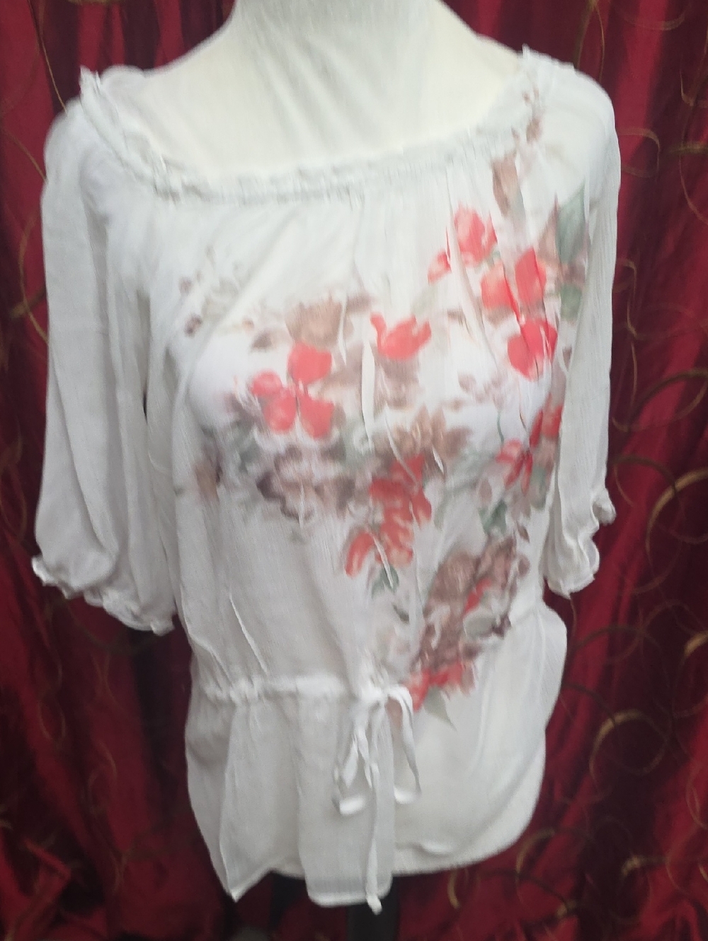 AB Studio White Off-Shoulder Tunic with Coral Floral Print